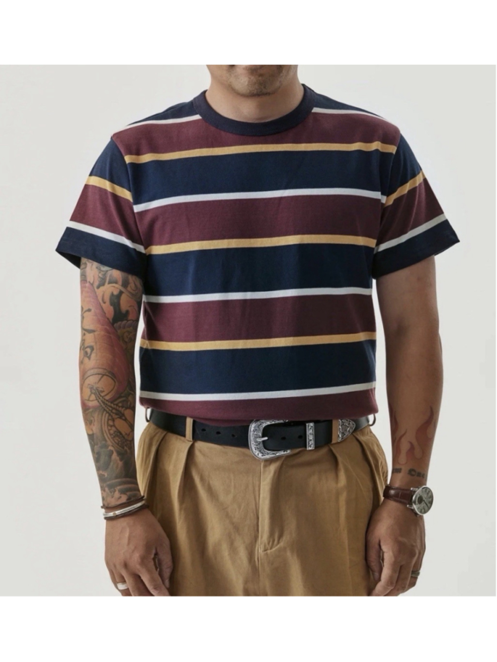 NON STOCK Ivy League Striped Crew Neck T Shirts Preppy Style Men's Casual Tee L